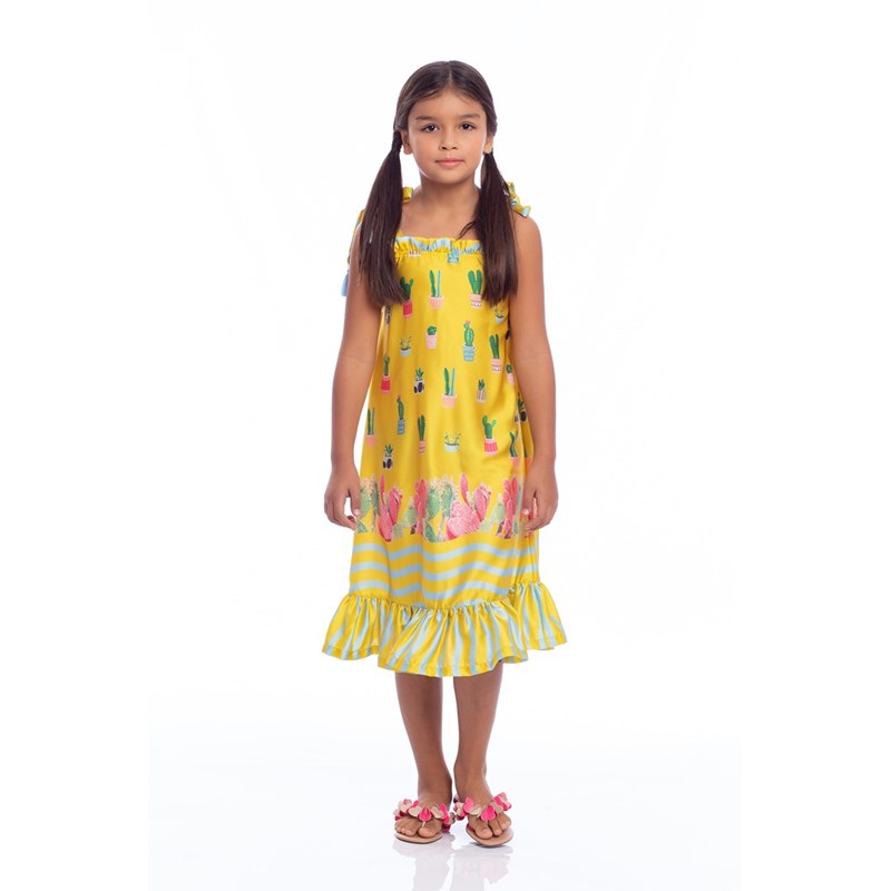 Vestido Infantil Trapézio Com Alcinhas Com Pingente Chuveirinhos Amarelo Canario