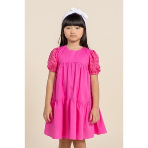 Vestido infantil tricoline evasê com manga bufante Rosa