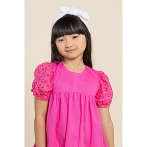 Vestido infantil tricoline evasê com manga bufante Rosa
