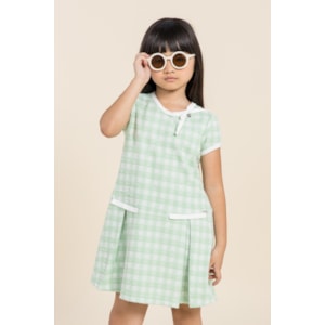 Vestido infantil xadrez com pregas Verde