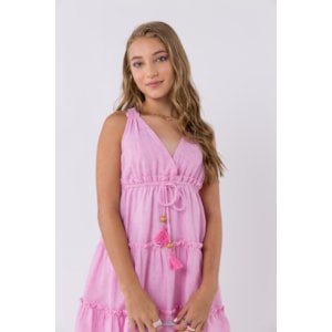 Vestido teen em voil solto com três babados Rosa Claro